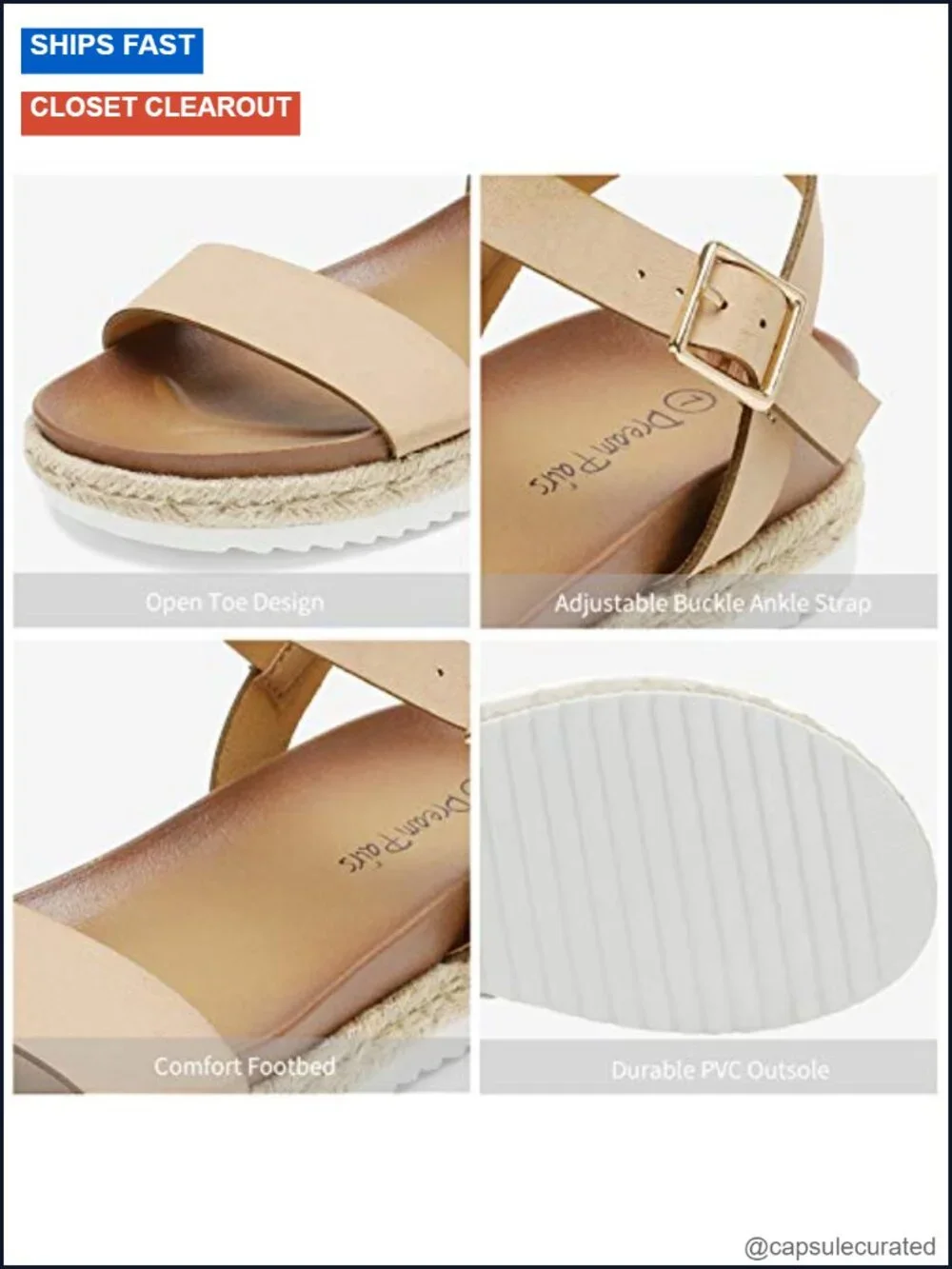 Espadrille Flatform Wedge Sandals with Ankle Strap, Cushioned PU Footbed